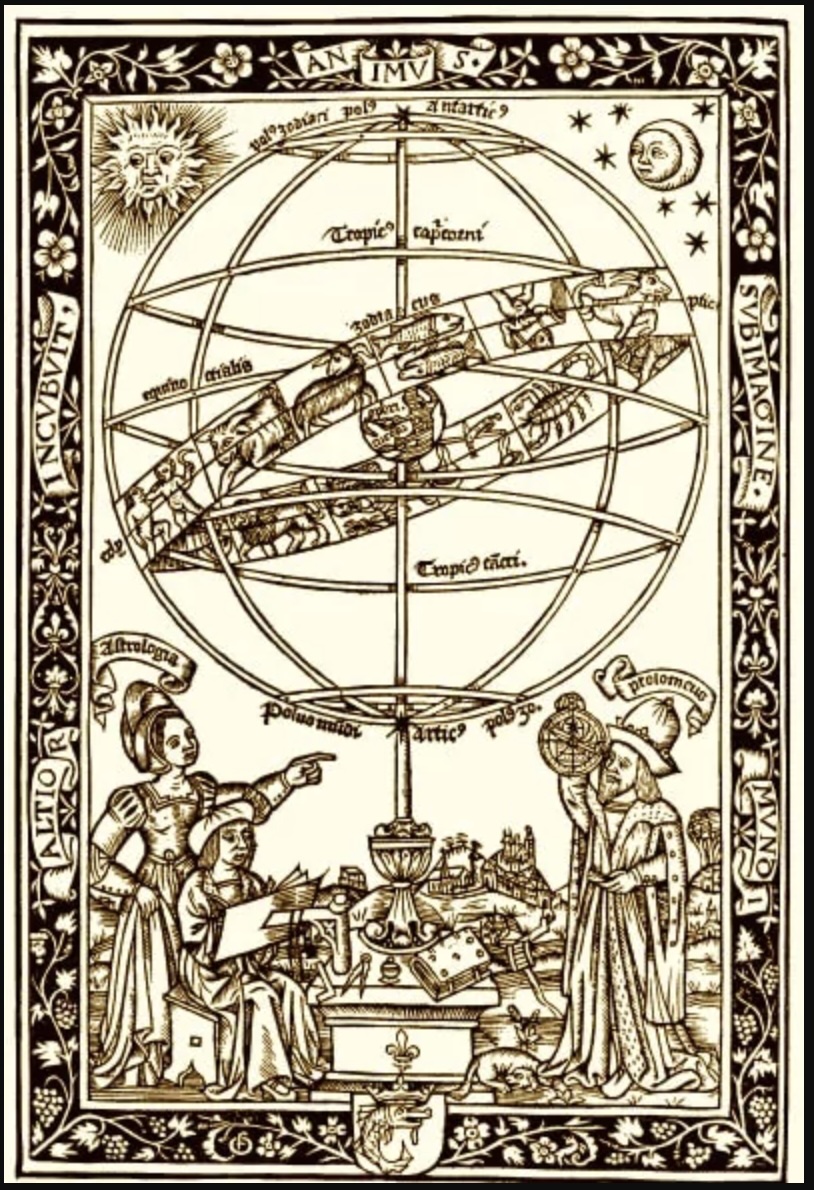 Armillary sphere with the zodiac band, the figures of Astrologia and Ptolemy below, Renaissance woodcut frontispiece