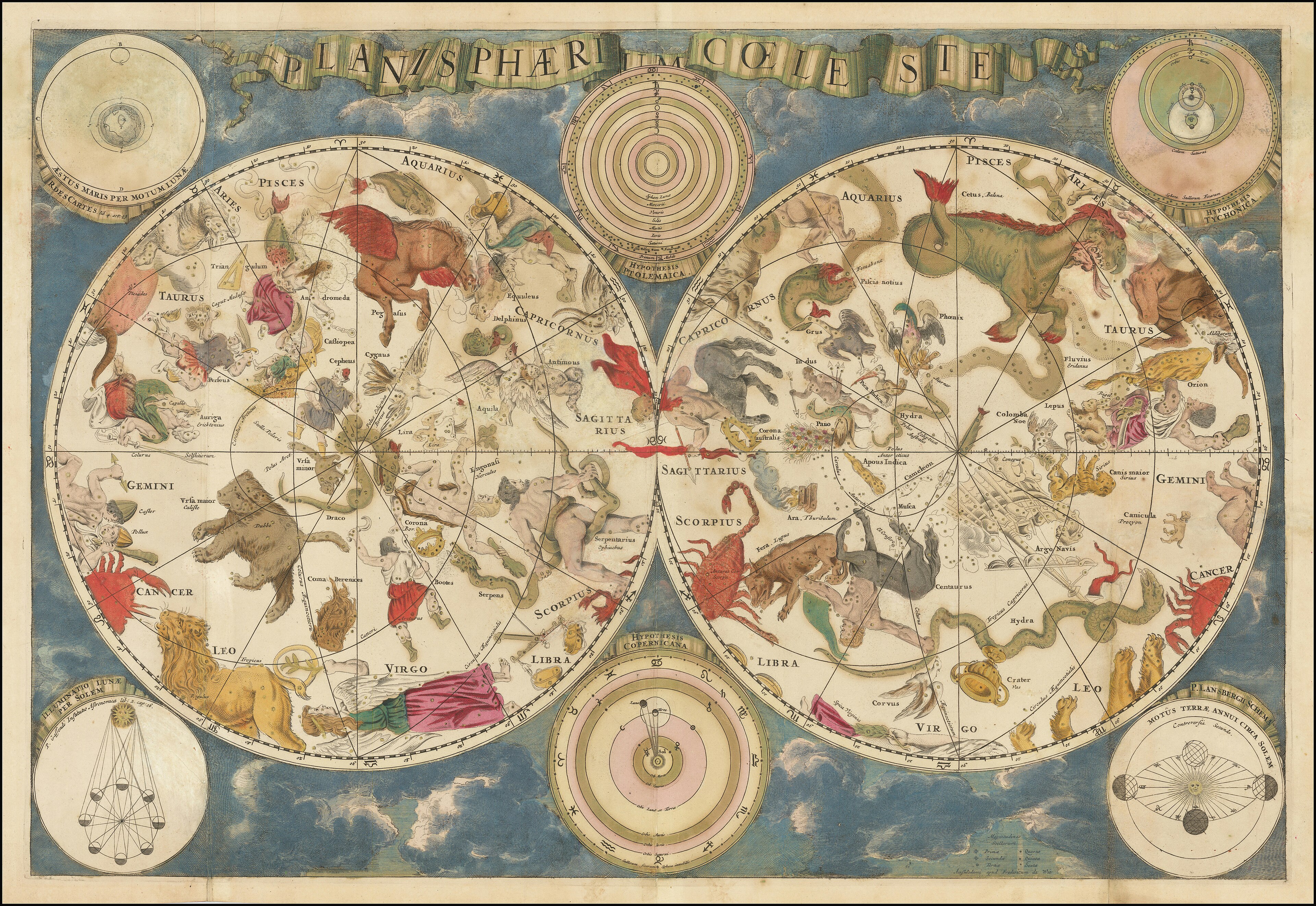 Planisphaerium Coeleste by Frederik de Wit, celestial planisphere with zodiac figures, c. 1670